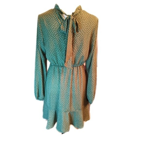 Chic Style sage olive green w/ white dots, knee length flowy dress S - Picture 2 of 7